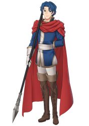 Rule 34 | 1boy, absurdres, alva (fire emblem), blue coat, blue eyes, blue hair, boots, brown footwear, cape, coat, ebinku, fire emblem, fire emblem: thracia 776, full body, gloves, highres, holding, holding polearm, holding weapon, looking at viewer, nintendo, pants, polearm, red cape, weapon, white gloves, white pants