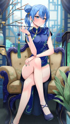 Rule 34 | 1girl, blue dress, blue eyes, blue footwear, blue hair, blush, bowsan, breasts, china dress, chinese clothes, commentary, dress, earrings, floral print, grin, hair between eyes, hair bun, highres, hololive, hoshimachi suisei, jewelry, legs, long hair, looking at viewer, one side up, sitting, small breasts, smile, solo, star (symbol), star earrings, star in eye, symbol in eye, thighs, virtual youtuber