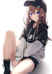 Rule 34 | 1girl, absurdres, baseball cap, black footwear, black hat, black hoodie, black shorts, blue eyes, blush, brown hair, choker, closed mouth, commentary request, foot out of frame, grey hoodie, hair between eyes, hat, highres, hololive, hood, hoodie, jewelry, knee up, lace-trimmed socks, long hair, looking at viewer, necklace, o-ring, o-ring choker, shorts, sidelocks, simple background, solo, star (symbol), star necklace, t4n4k4 no yosei, tokino sora, tokino sora (streetwear), two-tone hoodie, virtual youtuber, white background