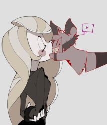 Rule 34 | 1girl, alastor (hazbin hotel), arms behind back, blonde hair, character doll, charlie morningstar, closed eyes, commentary, grin, hazbin hotel, katahaba 05m, kiss, long hair, out of frame, sharp teeth, simple background, smile, symbol-only commentary, teeth
