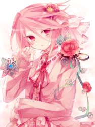 Rule 34 | 1boy, androgynous, blush, bug, butterfly, crossdressing, dress, flower, hair flower, hair ornament, ibara riato, bug, looking at viewer, male focus, original, pink dress, pink eyes, pink hair, red rose, rose, solo, trap