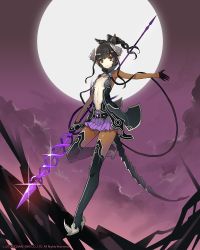 Rule 34 | 1girl, black hair, black thighhighs, breasts, brown eyes, cleavage, closed mouth, cloud, dated, female focus, full moon, looking at viewer, lost crusade, mami (apsaras), midriff, moon, navel, official art, original, pointy ears, polearm, purple skirt, revealing clothes, short hair, skirt, sky, small breasts, smile, solo, spear, tail, thighhighs, weapon, zettai ryouiki