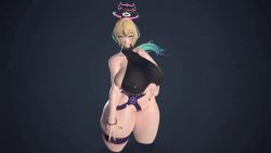 Rule 34 | 1girl, 3d, animated, animated gif, bikini, black background, blonde hair, blush, bracelet, breasts, curvy, halo, hand on own hip, huge breasts, jewelry, long hair, ponytail, sideboob, smile, solo, spinning, swimsuit, thick thighs, thighs, underboob, usukeninja, wide hips