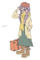 Rule 34 | 1girl, beret, boots, brown coat, brown footwear, coat, commentary request, full body, glasses, green eyes, green skirt, hand in pocket, hat, kashikaze, long hair, long sleeves, looking at viewer, love live!, love live! school idol project, low twintails, open clothes, open coat, open mouth, purple hair, purple scrunchie, purple shirt, red hat, scarf, scrunchie, shirt, simple background, skirt, solo, suitcase, teeth, tojo nozomi, translated, twintails, upper teeth only, waving, white background, yellow scarf