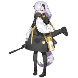 Rule 34 | 1girl, aged down, ak-alfa, ak-alfa (cat snatcher beneath the stars) (girls&#039; frontline), ak-alfa (girls&#039; frontline), badge, black dress, black footwear, black pantyhose, blush, button badge, character name, covered mouth, dress, full body, gas mask, girls&#039; frontline, grey hair, hair ornament, hand up, long hair, looking at viewer, mary janes, mask, neco, official alternate costume, official art, orange eyes, pantyhose, shoes, simple background, sleeves past wrists, solo, standing, strap, thermos, transparent background, very long hair, white sleeves