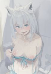 Rule 34 | ahoge, animal ear fluff, animal ears, aqua nails, bikini, bikini pull, bikini top only, blue eyes, blush, braid, breasts, clothes pull, collarbone, commentary, crossed bangs, fox ears, fox girl, fox tail, hair between eyes, head tilt, heart, heart in eye, highres, hololive, in heat, kujira pasta, looking at viewer, medium breasts, medium hair, nail polish, navel, nipples, open mouth, pulling own clothes, saliva, shirakami fubuki, shirakami fubuki (hololive summer 2019), side braid, sidelocks, silver hair, sketch, smile, solo, standing, stomach, sweat, swimsuit, symbol in eye, tail, tongue, tongue out, torogao, upper body, virtual youtuber