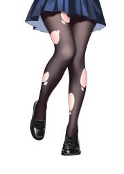 Rule 34 | 1girl, black footwear, black pantyhose, blue skirt, fine fabric emphasis, leg up, loafers, lower body, miniskirt, nine o&#039;clock, original, pantyhose, pleated skirt, shoes, skirt, solo, standing, standing on one leg, thighs, torn clothes, torn pantyhose
