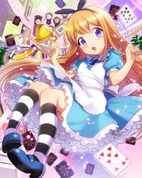 Rule 34 | 1girl, :o, alice (alice in wonderland), alice (alice in wonderland) (cosplay), blonde hair, blue footwear, blush, card, cosplay, cup, dress, ensemble girls!, floating card, hair ornament, hairband, highres, hoshiumi koyoi, kneehighs, long hair, mary janes, md5 mismatch, official art, open mouth, petticoat, purple eyes, resolution mismatch, ribbon, shoes, socks, solo, source smaller, sparkle, spoon, striped clothes, striped socks, teacup
