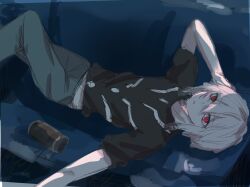 Rule 34 | 1boy, accelerator (toaru majutsu no index), albino, atummb, black shirt, can, canned coffee, couch, crossed legs, dark, diagonal-striped shirt, drink can, grey pants, hand in own hair, highres, limited palette, looking at viewer, lying, midriff peek, night, on back, on couch, outstretched arm, pale skin, pants, red eyes, sanpaku, shaded face, shadow, shirt, short hair, short sleeves, sidelocks, sketch, toaru majutsu no index, toaru majutsu no index: old testament, watercolor effect, white hair