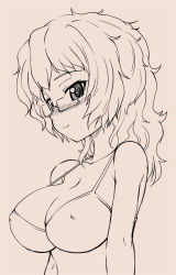 Rule 34 | 10s, 1girl, bare shoulders, beige background, bikini, blush, bra, breasts, closed mouth, collarbone, covered erect nipples, girls und panzer, glasses, large breasts, long hair, md5 mismatch, monochrome, nishino eiichi, oryou (girls und panzer), simple background, smile, smirk, solo, swimsuit, underwear, upper body, wavy hair
