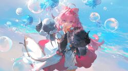 Rule 34 | 1girl, ahoge, encore (wuthering waves), beach, bow, bubble, colorful, detached sleeves, dress, hair between eyes, hair bow, hair ornament, highres, horns, jellyfish, light, long hair, looking at viewer, low twintails, ocean, pink hair, sand, sidelocks, solo, standing, twintails, water, wuthering waves, yunouou10
