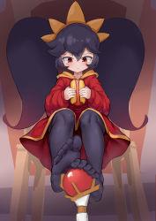 Rule 34 | 1girl, :t, absurdres, aomoro, ashley (warioware), big hair, black hair, black pantyhose, blush, chair, closed mouth, collarbone, dress, eyebrows, feet, female focus, food, full body, hair between eyes, hairband, highres, holding, holding food, hot dog, long hair, long sleeves, looking down, motion blur, nintendo, no shoes, orange hairband, pantyhose, red dress, red eyes, sexually suggestive, sidelocks, sitting, solo, thighs, toes, trembling, twintails, wand, warioware