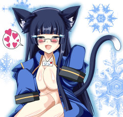 Rule 34 | 1girl, animal ears, aoki reika, arc system works, bad id, bad pixiv id, blazblue, blazblue: calamity trigger, blue eyes, blue hair, blush, breasts, cat, cat ears, cat tail, cleavage, coat, cosplay, couple, crossover, eien no kurayami, fangs, glasses, hair ornament, hairclip, happy, heart, hime cut, jin kisaragi (cosplay), kisaragi jin, large breasts, long hair, looking at viewer, naked coat, power connection, precure, school uniform, simple background, smile precure!, snowflakes, solo, tail, translation request, uniform