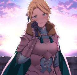 Rule 34 | 1girl, armor, balcony, blonde hair, cape, cloud, fire emblem, fire emblem: three houses, gloves, green eyes, ingrid brandl galatea, long sleeves, looking at viewer, nintendo, outdoors, pomelomelon, shirt, short hair, sky, smile, solo