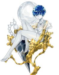 Rule 34 | 1other, androgynous, blue eyes, blue hair, blunt bangs, colored eyelashes, colored skin, crystal hair, full body, full moon, glowing, glowing eye, gold, golden arms, heterochromia, highres, houseki no kuni, looking at viewer, moon, necktie, phosphophyllite, phosphophyllite (ll), see-through, see-through sleeves, serious, short hair, solo, spoilers, sword, tagme, weapon, white background, white eyes, white skin