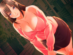 Rule 34 | 1girl, bare shoulders, blue eyes, breasts, brown hair, brown skirt, character request, cleavage, closed mouth, collarbone, copyright request, covered erect nipples, cowboy shot, dutch angle, eyelashes, game cg, highres, holding, jewelry, large breasts, leaning forward, legs together, lips, long hair, looking at viewer, non-web source, off-shoulder shirt, off shoulder, pink shirt, ring, shirt, skirt, smile, solo, standing, suishoku sendan, wedding band