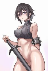 Rule 34 | 1girl, ankoku broccoli, bad id, bad pixiv id, bare shoulders, black hair, blush, bottomless, breasts, covered erect nipples, cowboy shot, hair between eyes, highres, looking at viewer, navel, original, parted lips, purple eyes, shirt, short hair, simple background, solo, standing, sword, taut clothes, taut shirt, turtleneck, weapon, white background