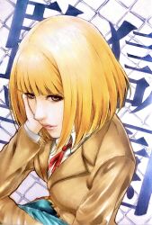 1girl blazer blonde_hair blunt_bangs breasts brown_eyes collared_shirt copyright_name eyelashes hand_on_own_face highres jacket lips long_sleeves looking_at_viewer looking_up marker_(medium) medium_breasts melpo2501 midorikawa_hana neck_ribbon pants pants_under_skirt pleated_skirt prison_school red_ribbon ribbon school_uniform shirt short_hair sitting skirt smile solo traditional_media white_shirt winter_uniform