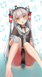 Rule 34 | 1girl, :o, alternate costume, amatsukaze (kancolle), anchor, barefoot, black one-piece swimsuit, blush, gloves, grey neckwear, hair ornament, hair tubes, hairband, highres, innertube, kantai collection, kotoba suzu, long hair, one-piece swimsuit, open mouth, rensouhou-kun, sailor collar, short sleeves, silver hair, single glove, solo, swim ring, swimsuit, swimsuit under clothes, two side up, white gloves, yellow eyes