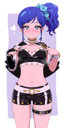 Rule 34 | 1girl, acchi (koiyimknp), aikatsu!, aikatsu! (series), belt, black jacket, black shorts, blue eyes, blue hair, blush, breasts, bridal gauntlets, cleavage, closed mouth, cowboy shot, cropped jacket, hair ornament, hair scrunchie, heart, heart-shaped pupils, highres, jacket, kiriya aoi, navel, nose blush, open clothes, open jacket, purple background, scrunchie, short hair, short shorts, shorts, side ponytail, sidelocks, small breasts, smile, solo, standing, steaming body, stomach, strapless, sweat, swept bangs, symbol-shaped pupils, thigh strap, tube top, two-tone background, undressing, wristband