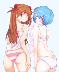 Rule 34 | 2girls, arms behind head, artist request, ass, ayanami rei, bare legs, bare shoulders, blue eyes, blue hair, blush, bra, breasts, butt crack, hair between eyes, hair ornament, highres, interface headset, long hair, looking at viewer, looking back, multiple girls, navel, neon genesis evangelion, orange hair, panties, short hair, simple background, small breasts, souryuu asuka langley, standing, striped clothes, striped panties, tank top, translation request, two side up, underwear, white bra, white panties, wide hips