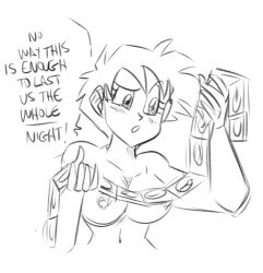 Rule 34 | breasts, condom, condom wrapper, couple, deception, dragon ball, english text, funsexydragonball, large breasts, monochrome, nipples, sexually suggestive, short hair, sketch, son gohan, speech bubble, spiked hair, tagme, tomboy, videl
