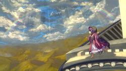 Rule 34 | 1girl, ahoge, barefoot, bird, black hat, black sash, blue sky, bowl, bowl hat, cloud, cloudy sky, commentary request, day, flock, from side, full body, hat, highres, japanese clothes, kimono, light rays, long sleeves, looking up, mountain, obi, outdoors, outstretched arms, petticoat, profile, purple hair, rainbow, red eyes, red kimono, sash, shadow, shining needle castle, short hair, sky, solo, standing, standing on one leg, sukuna shinmyoumaru, syope, touhou, wide sleeves