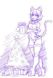 Rule 34 | 1girl, animal ears, bell, box, cameltoe, cat ears, cat girl, cat tail, christmas, christmas dress, christmas tree, clumzor, collar, gift, gift box, highres, nathy, covered erect nipples, short hair, sketch, tail