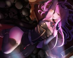 Rule 34 | 1girl, armpits, breasts, choker, cleavage, dress, highres, hololive, hololive english, holomyth, long hair, looking at viewer, lying, mori calliope, on back, pink eyes, pink hair, shoulder spikes, skull, solo, spikes, sunvinegar, thighhighs, tiara, virtual youtuber