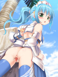 Rule 34 | 1girl, anus, armor, armored skirt, ass, back, bikini armor, blue gloves, blue hair, blue sky, blue thighhighs, blush, breasts, censored, cloud, commentary request, cowboy shot, day, elbow gloves, emurin, gloves, green eyes, hair between eyes, highres, invisible penis, long hair, looking at viewer, looking back, mosaic censoring, nipples, open mouth, original, outdoors, palm tree, pauldrons, ponytail, pussy, rock, sex, shoulder armor, single glove, single pauldron, sky, small breasts, solo, standing, standing sex, star (symbol), tearing up, thighhighs, tree, vaginal, vambraces