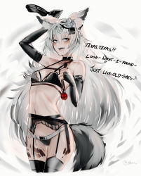 Rule 34 | 1girl, :d, animal ear fluff, animal ears, arknights, arm up, artist name, ball gag, bare shoulders, bikini, black bikini, black choker, black gloves, black panties, black thighhighs, blush, breasts, choker, commentary, cowboy shot, ehrrr, elbow gloves, english text, fingerless gloves, gag, garter belt, gloves, grey background, grey eyes, hair between eyes, hair ornament, hairclip, highres, holding, lappland (arknights), long hair, looking at viewer, material growth, navel, open mouth, oripathy lesion (arknights), panties, panties over garter belt, scar, scar across eye, scar on face, sharp teeth, silver hair, small breasts, smile, solo, standing, stomach, swimsuit, tail, teeth, thighhighs, thighs, twitter username, underwear, very long hair, wiffle gag, wolf ears, wolf tail