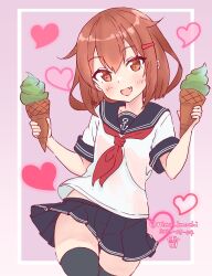 Rule 34 | 1girl, alternate sleeve length, anchor symbol, black sailor collar, black skirt, black thighhighs, brown eyes, brown hair, fang, food, hair ornament, hairclip, heart, highres, ice cream, ikazuchi (kancolle), kantai collection, neckerchief, nico kmochi, one-hour drawing challenge, red neckerchief, sailor collar, sailor shirt, shirt, short sleeves, skin fang, skirt, solo, thighhighs, white shirt