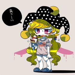 Rule 34 | 1girl, american flag, american flag print, black headwear, blonde hair, blue footwear, bright pupils, clownpiece, commentary request, crocs, fang, flag print, food, grey shirt, hairband, hand up, hat, holding, holding food, ice cream, jester cap, long hair, melting, pale skin, print shirt, red eyes, shirt, short sleeves, simple background, skin fang, solo, speech bubble, standing, sweat, touhou, translated, twintails, very long hair, white background, white pupils, yt (wai-tei)