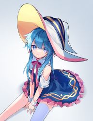 Rule 34 | 1girl, bare shoulders, between legs, blue dress, blue eyes, blue hair, bow, commentary request, dress, feet out of frame, frilled dress, frills, grey background, hair between eyes, hand between legs, hat, highres, long hair, looking at viewer, multicolored hair, name (oiuio), original, pink bow, pink hair, simple background, single thighhigh, sitting, sleeveless, sleeveless dress, solo, streaked hair, thighhighs, very long hair, white hat, white thighhighs, witch hat