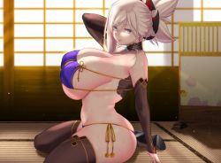 Rule 34 | 1girl, arm up, ass, aster crowley, black choker, blue eyes, breasts, brown sleeves, brown thighhighs, choker, closed mouth, detached sleeves, fate/grand order, fate (series), from side, hair ornament, huge breasts, indoors, long sleeves, looking at viewer, looking to the side, miyamoto musashi (fate), miyamoto musashi (second ascension) (fate), sideboob, smile, thighhighs, thighs, underboob, white hair