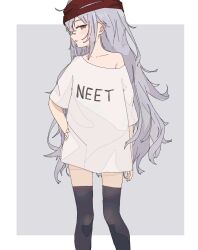 Rule 34 | 1girl, bare shoulders, black thighhighs, blush, brown eyes, clothes writing, collarbone, commentary request, commission, feet out of frame, g11 (girls&#039; frontline), girls&#039; frontline, grey background, grey hair, hair between eyes, hand on own hip, highres, long hair, off shoulder, shirt, short sleeves, skeb commission, solo, standing, thighhighs, uzoumuzo, very long hair, white shirt