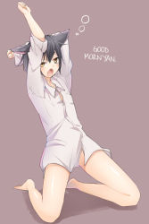 Rule 34 | 1boy, animal ears, aobe mahito, black hair, blush, bottomless, bulge, cat ears, cat tail, hard-translated, male focus, open mouth, original, shirt, short hair, simple background, solo, tail, third-party edit, translated, trap