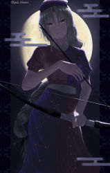 Rule 34 | 1girl, absurdres, arrow (projectile), artist name, backlighting, black bow, blue dress, blue hat, bow, bow (weapon), braid, braided ponytail, breasts, brown eyes, closed mouth, constellation print, dress, expressionless, feet out of frame, floral background, full moon, grey hair, hair between eyes, hair bow, hair ribbon, hat, head tilt, highres, holding, holding arrow, holding bow (weapon), holding weapon, huge filesize, jack masser, long hair, looking at viewer, medium breasts, moon, night, night sky, nurse cap, parted bangs, pillarboxed, puffy short sleeves, puffy sleeves, red dress, ribbon, sash, short sleeves, sky, solo, standing, touhou, tress ribbon, two-tone dress, very long hair, weapon, white sash, yagokoro eirin