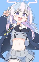 Rule 34 | 1girl, black jacket, blue archive, blue background, blue eyes, blue hair, blush, commentary, grey shirt, grey skirt, hair ornament, halo, highres, jacket, long hair, looking at viewer, midriff, multicolored hair, navel, open mouth, pink hair, reisa (blue archive), shirt, simple background, skirt, solo, star (symbol), star hair ornament, teeth, tongue, twintails, upper teeth only, v, yoban