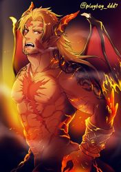 Rule 34 | 1boy, abs, alternate costume, alternate design, bara, bat wings, beowulf (fate), blonde hair, embers, facial hair, fate/grand order, fate (series), goatee, horns, large pectorals, male focus, manly, muscular, nipples, pectorals, red eyes, scar, solo, tattoo, topless male, upper body, wings, yamanome