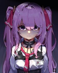 Rule 34 | 1girl, black shorts, breasts, closed mouth, collared shirt, frown, goddess of victory: nikke, hair ribbon, id card, long hair, looking at viewer, mar10, mole, mole under mouth, necktie, pink hair, pink ribbon, purple eyes, red necktie, ribbon, shirt, shirt tucked in, shorts, small breasts, solo, twintails, upper body, white shirt, yuni (nikke)