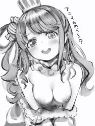 Rule 34 | 1girl, :d, ?, bare shoulders, blush, breast squeeze, breasts, catchphrase, crescent, crescent earrings, crown, dress, earrings, head tilt, highres, himemori luna, hololive, jewelry, medium breasts, mini crown, nanashi (nlo), nipples, one side up, open mouth, simple background, smile, solo, topless, white background