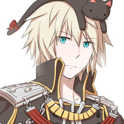 Rule 34 | 1boy, animal, animal on head, black cat, black coat, blonde hair, blue eyes, bow, cat, cat on head, closed mouth, coat, commentary request, cross, looking at viewer, male focus, natsuya (kuttuki), on head, ragnarok online, rebellion (ragnarok online), red bow, short hair, simple background, solo, tail, tail bow, tail ornament, upper body, white background