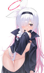 Rule 34 | 1girl, absurdres, black choker, black eyes, black hairband, black skirt, blue archive, blush, breasts, choker, colored inner hair, flat chest, grey hair, hair censor, hair over one eye, hairband, halo, highres, long hair, long sleeves, looking at viewer, multicolored hair, navel, no panties, oiru (fattyoils), open mouth, pink eyes, plana (blue archive), pleated skirt, red halo, simple background, skirt, small breasts, solo, very long hair, white background
