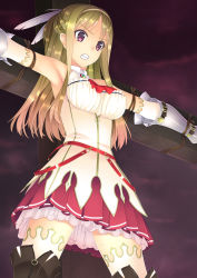 Rule 34 | 1girl, armor, bdsm, blonde hair, bondage, boots, bound, clenched teeth, cross, crucifixion, dress, f-ism, highres, long hair, murakami suigun, petticoat, red eyes, solo, teeth, thigh boots, thighhighs, white thighhighs
