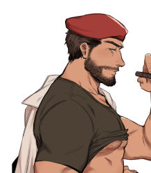 Rule 34 | 1boy, absurdres, bara, beard, black shirt, casual, chest hair, cigar, clothes lift, facial hair, from side, highres, holmy (holmesdmode), looking at viewer, maestro (rainbow six siege), male focus, mature male, muscular, muscular male, mustache, nipples, pectorals, rainbow six siege, red eyes, seductive smile, shirt, shirt lift, short hair, smile, solo, underpec, upper body, white background