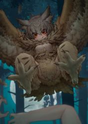 Rule 34 | 1girl, :q, brown feathers, brown hair, dive, feather hair, feathered wings, feathers, forest, full moon, harpy, monster girl, monster girl encyclopedia, moon, nature, neck ruff, owl mage (monster girl encyclopedia), pov, solo focus, sparrowl, tail, talons, tongue, tongue out, winged arms, wings, yellow eyes