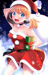 Rule 34 | 1girl, :d, absurdres, arm up, bag, blue eyes, blush, box, breasts, choker, cleavage, collarbone, creatures (company), dress, fur trim, game freak, gift, gift box, hair between eyes, hat, highres, holding, holding bag, holding box, long hair, may (pokemon), may (pokemon oras), medium breasts, nintendo, open mouth, orange hair, pokemon, pokemon oras, red dress, red hat, santa hat, short dress, sleeveless, sleeveless dress, smile, solo, strapless, strapless dress, twintails, wrist cuffs, yuihico