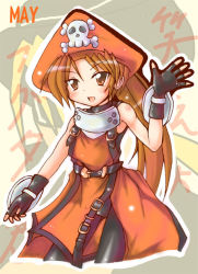 Rule 34 | 1girl, arc system works, blush, brown eyes, brown hair, character name, dress, fingerless gloves, gloves, guilty gear, hat, kamashi, long hair, may (guilty gear), orange dress, orange hat, orange shirt, pantyhose, pirate, pirate hat, ponytail, red dress, shirt, skull and crossbones, solo, standing