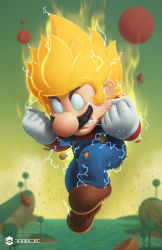 Rule 34 | 1boy, angry, aqua eyes, artist name, aura, big nose, blonde hair, brown footwear, clenched hands, clenched teeth, cliff, commentary, debris, denim, dragon ball, dragonball z, facial hair, full body, gloves, hat, highres, looking down, male focus, marc pi, mario, mario (series), mustache, nintendo, outdoors, parody, rock, shoes, solo, spiked hair, super saiyan, teeth, torn clothes, tree, white gloves
